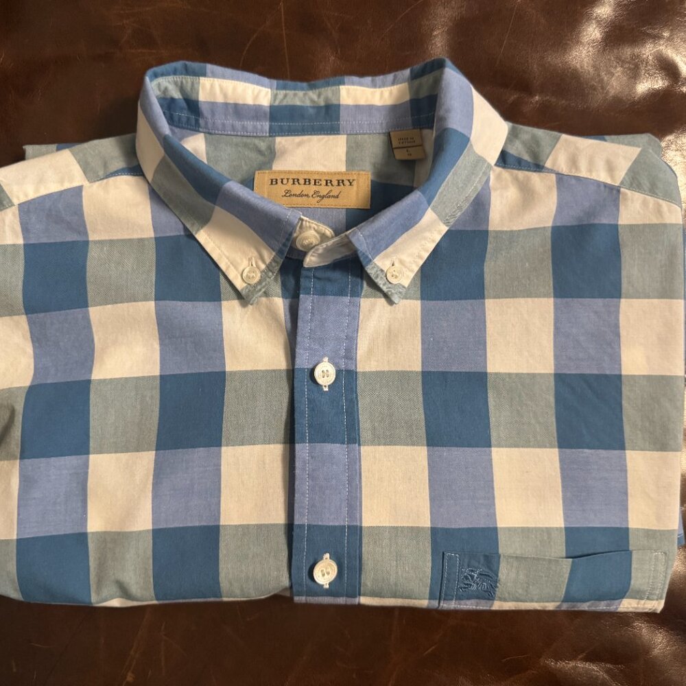 $595 Burberry London Mens blue check button down men's shirt Large Excellent!